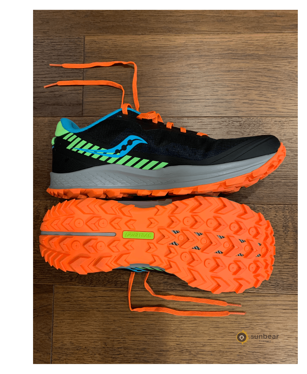Trail running shoes that match the recommendation for grippy, non-waterproof footwear in wet conditions