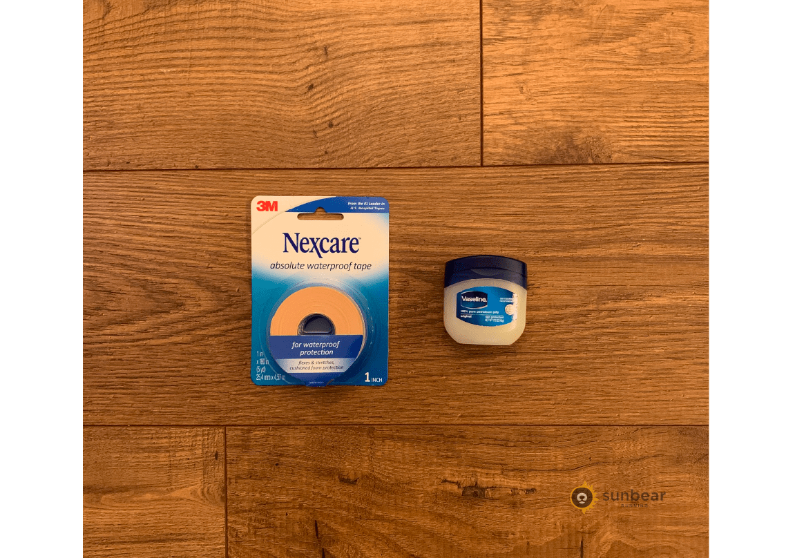 Petroleum jelly and waterproof tape to help prevent chafing and blisters on wet runs